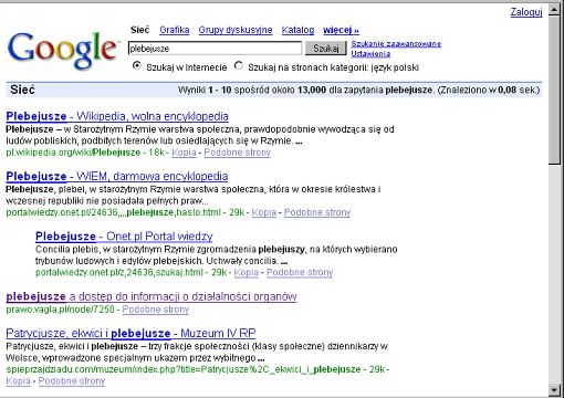 screenshot wyników wyszukiwania hasła plebejusze w Google