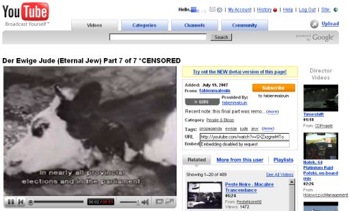 Screenshot serwisu YouTube z jedną klatką z filmu Ewige Jude