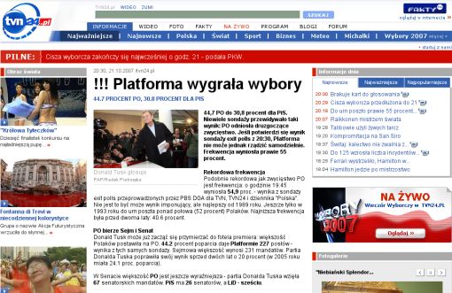 screenshot serwisu TVN24 z około godziny 21.00 gdy opublikowano artykuł o wynikach wyborów