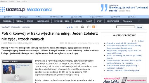 Screenshot serwisu Gazeta.pl i artykułu opublikowanego na temat incydentu w Iraku
