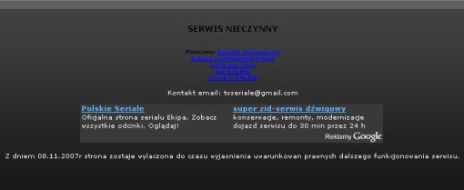 Screenshot serwisu Tvseriale.pl, który informuje o swoim zamniknięciu do do czasu wyjasnienia uwarunkowan prawnych dalszego funkcjonowania serwisu