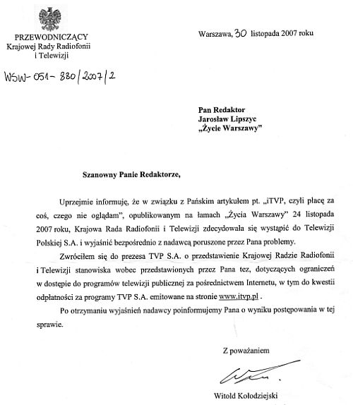 skan listu KRRiTV do red Jarosława Lipszyca