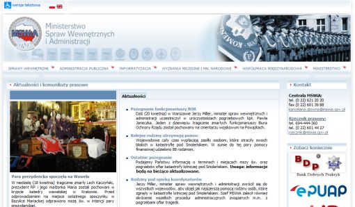 Screenshot strony internetowej Ministerstwa Spraw Wewnętrznych i Administracji