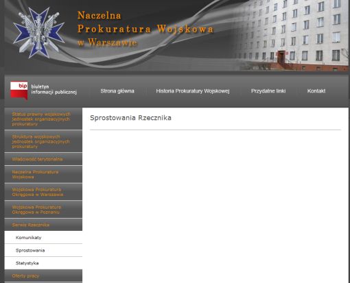 Screenshot działu sprostowania rzecznika, znajdującego się na stronie internetowej Naczelnej Prokuratury Wojskowej
