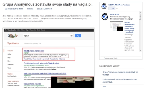 Komunikat w serwisie Anonews: Grupa Anonymous zostawiła swoje ślady na vagla.pl.