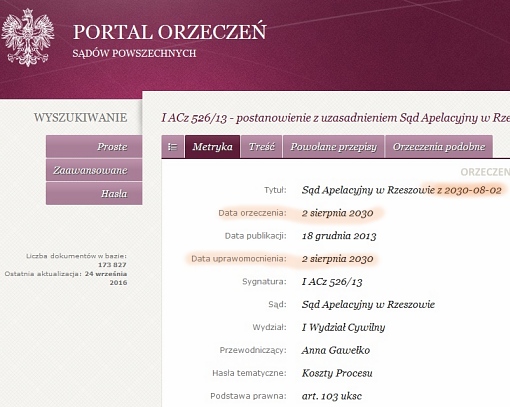Zrzut ekranu orzeczenia Sąd Apelacyjny w Rzeszowie z 2030-08-02, sygn. I ACz 526/13