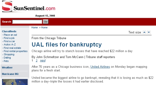 fragment strony z artykułem pt. UAL files for bankruptcy, o którym wiadomo, że ukazał się opinii publicznej w 2002 roku
