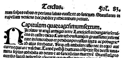 Pierwsze użycie ą w nazwisku Mikołaja Wągla, na karcie Żywotów św. Stanisława w wydaniu dzieła Długosza z 1511 r.