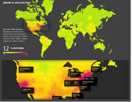 mapa świata przedstawiająca monitoring ruchu w Sieci - czerwone ogniska w Nowym Yourku w USA i Californii