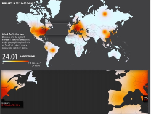 mapa świata przedstawiająca monitoring ruchu w Sieci - czerwone ogniska prawie w całym USA i w Europie