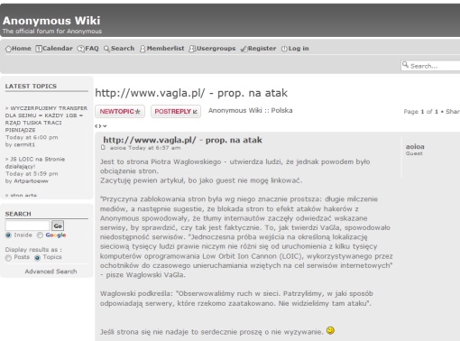 Screen AnonimousWiki z propozycją ataku na VaGla.pl