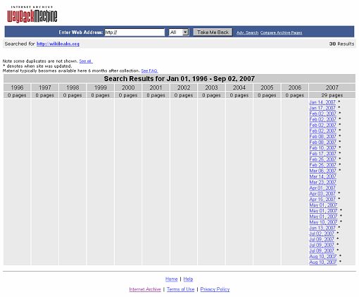 Screenshot serwisu archive.org pokazującego archiwa serwisu wikileaks.org