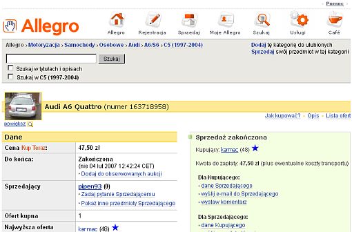 Screenshot aukcji na Allegro - Audi A6 Quattro