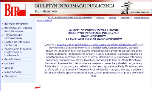 screenshot Biuletynu Informacji Publicznej Kancelari Prezesa Rady Ministrów