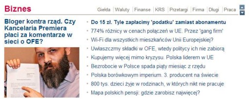 Screenshot strony głównej Gazeta.pl z tekstem zatytułowanym Bloger kontra rząd