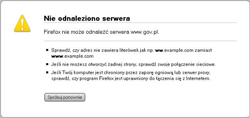 komunikat przeglądarki Firefox o tym, że Firefox nie może odnaleźć serwera www.gov.pl.