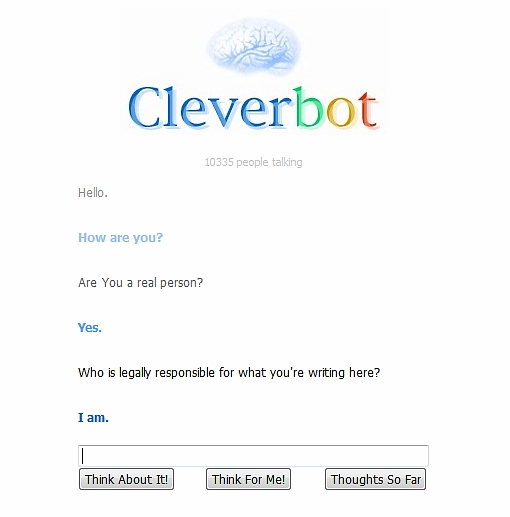 screenshot serwisu cleverbot.com z fragmentem konwersacji z Cleverbotem
