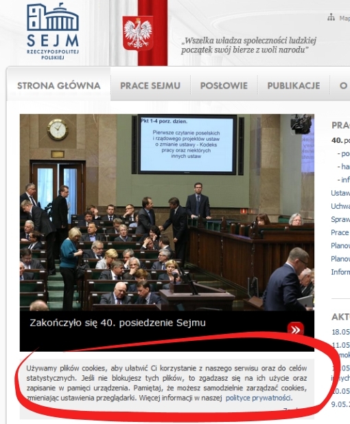 Komunikat o ciasteczkach na stronie Sejmu RP