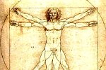 Fragment rysunku Leonarda da Vinci - Człowiek witruwiański – studium proporcji ludzkiego ciała