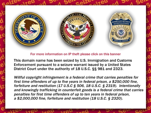 Screenshot komunikatu amerykańskiego Departamentu Sprwaiedliwości o zajęciu domeny