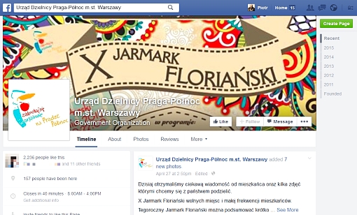 Zrzut ekranu przedstawiającego fejsbukową stronę sygnowaną przez Urzędu Dzielnicy Praga-Północ m.st. Warszawy