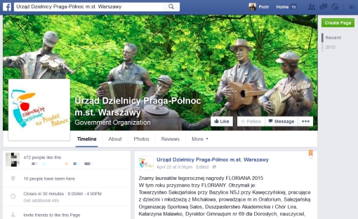 Zrzut ekranu przedstawiającego fejsbukową stronę, która prowadzona jest przez aktualnych włodarzy dzielnicy