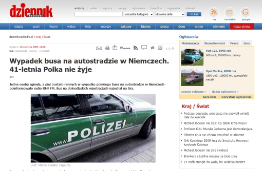 Screenshot stron Dziennika Wschodniego, który bezprwanie wykorzystał zdjęcie Marcina Cieślaka, usuwając z niego część, na której uwidoczniono notę copyrightową