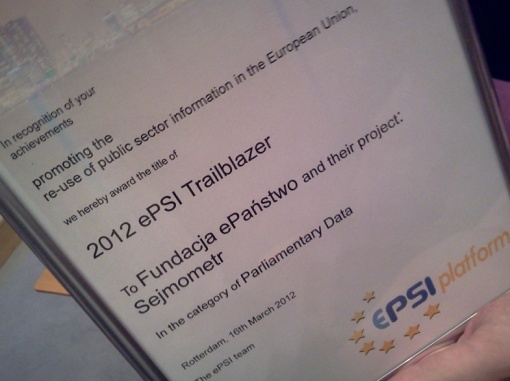 2012 ePSI Trailblazer in the category of Parliamentary Data for Fundacja ePaństwo and their project: Sejmometr