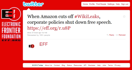 Twitt Electronic Frontier Foundation: When Amazon cuts off #WikiLeaks, corporate policies shut down free speech