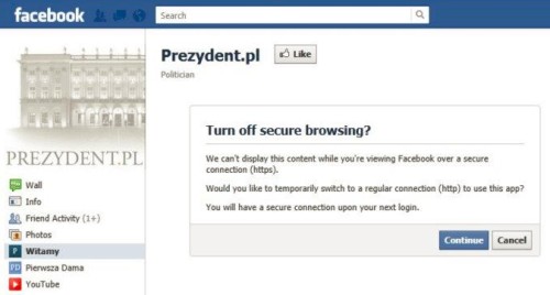 Profil Prezydent.pl na Facebooku przekonuje, że należy zrezygnować z szyfrowania https