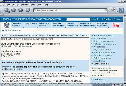 Screenshot portalu GIODO z 11 grudnia 2005
