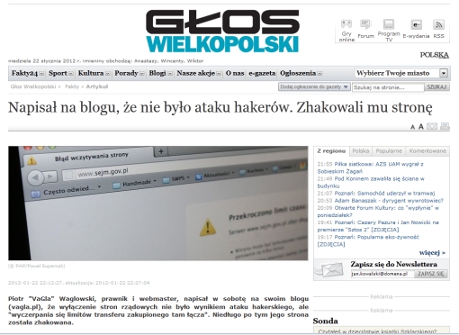 Screenshot serwisu Głos Wielkopolski, który napisał tekst pt. Napisał na blogu, że nie było ataku hakerów. Zhakowali mu stronę