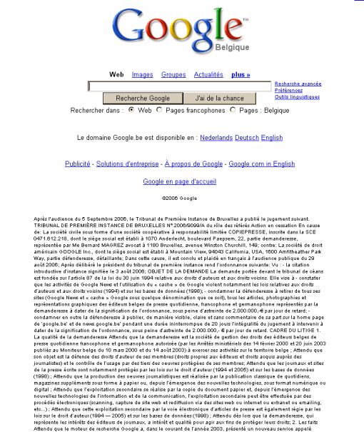 fragment informacji o orzeczeniu na głównej stronie Google.be
