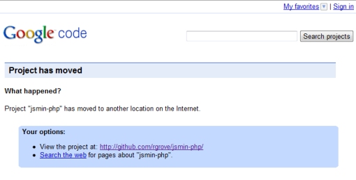 Google Code nie hostuje już projektu jsmin-php