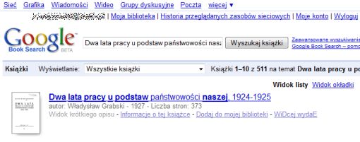 Screenshot wyników wyszukiwania w serwisie Google Books, gdy hasłem wyszukiwawczym był tytuł pracy Grabskiego