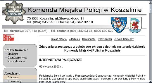 screenshot serwisu koszalińskiej policji