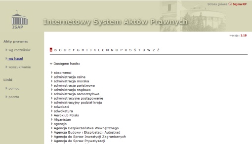 Lista haseł Internetowego Systemu Aktów Prawnych Sejmu RP