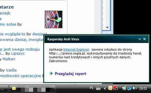 Screenshot komunikatu Kaspersky Anti-Virus na temat prawo.vagla.pl