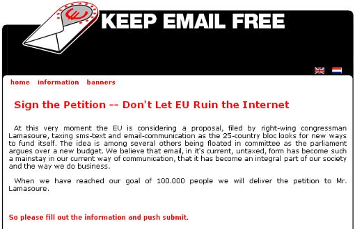 screenshot strony z kampanią zbierania podpisów pod petycją przeciw opodatkowaniu poczty elektronicznej
