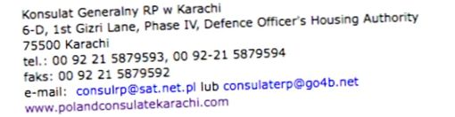 Fragment witryny Ministerstwa Gospodarki z danymi pozwalającymi na dostęp do internetowych zasobów związanych z Konsulatem Generalnym RP w Karachi