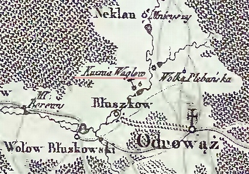 zbliżenie na Kuźnię Wąglów na mapie szczególnej województwa sandomierskiego