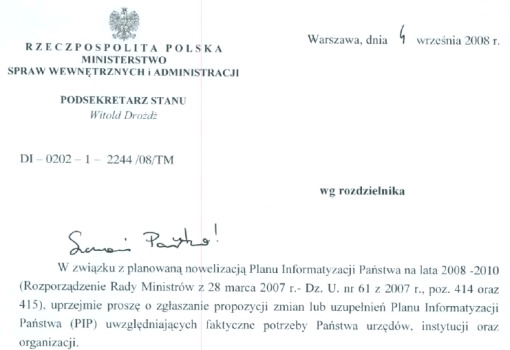 Skan zacytowanego w treści notatki fragmentu pisma, podpisanego przez ministra Drożdża