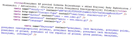 Źródło strony internetowej serwisu prezydent.pl z meta danymi notatki o powołaniu Łukasza Bojarskiego w skład Krajowej Rady Sądownictwa.