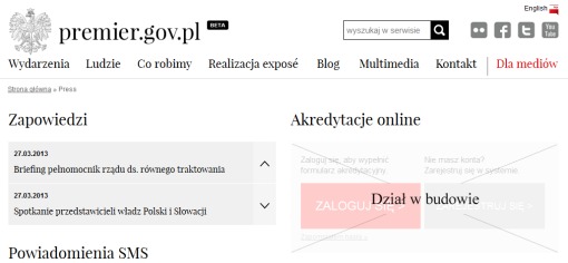 Zrzut ekranu jednej ze stron serwisu premier. gov.pl z zamarkowanym, ale nie działającym działem Akredytacje online