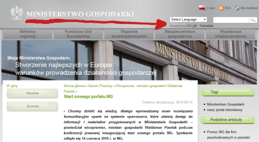 Screenshot nowego serwisu Ministerstwa Gospodarki ze strzałką wskazującą logo Google