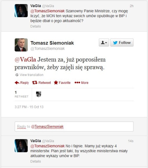 Screenshot konwersacji z ministrem Siemoniakiem, prowadzonej za pośrednictwem serwisu Twitter