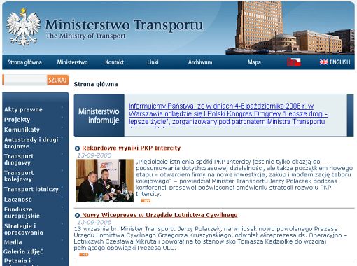screenshot nowej strony ministerstwa transportu