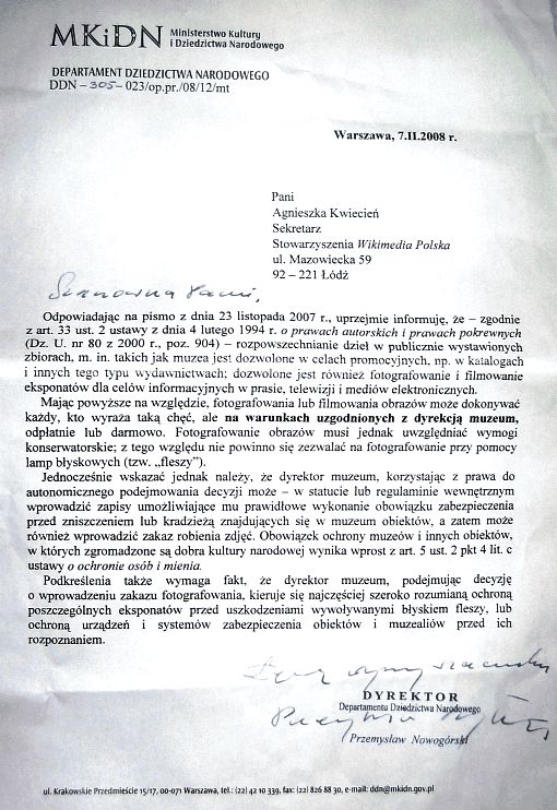 Odpowiedź Dyrektora Departamentu Dziedzictwa Narodowego w Ministerstwie Kultury i Dziedzictwa Narodowego na pismo stowarzyszenie Wikimedia Polska