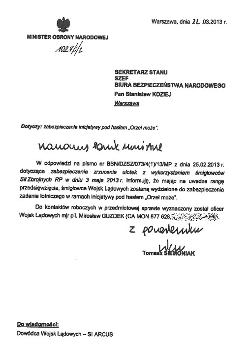 Pismo Ministra Obrony Narodowej do Szefa BBN z dnia 22 marca 2013 roku