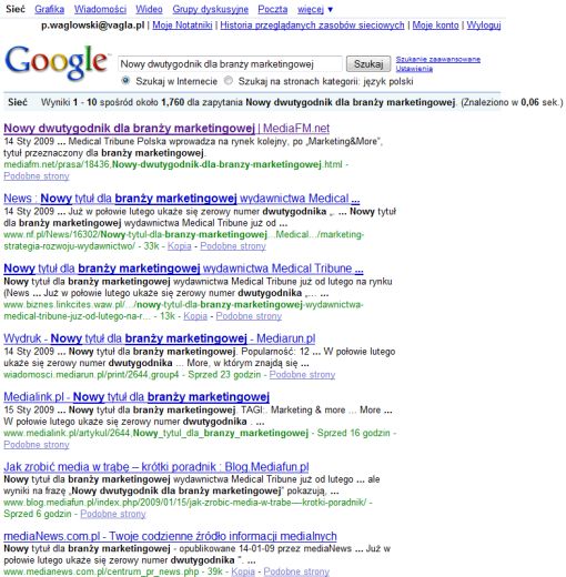 Screenshot wyników wyszukiwania Google na hasło Nowy dwutygodnik dla branży marketingowej